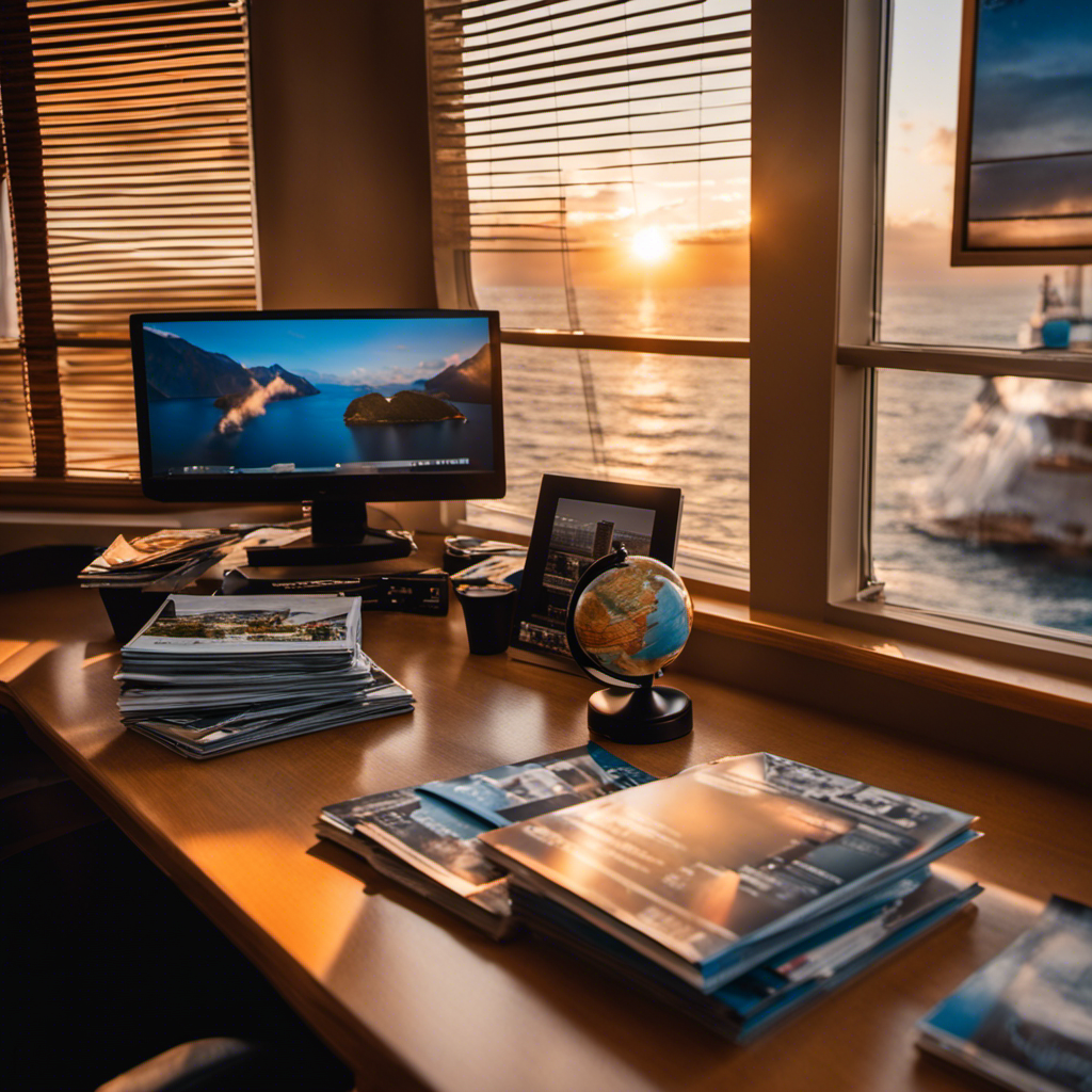 An image that showcases a cruise agent's office desk, cluttered with stacks of brochures, travel magazines, and a world globe, while a warm sunrise filters through a nearby window