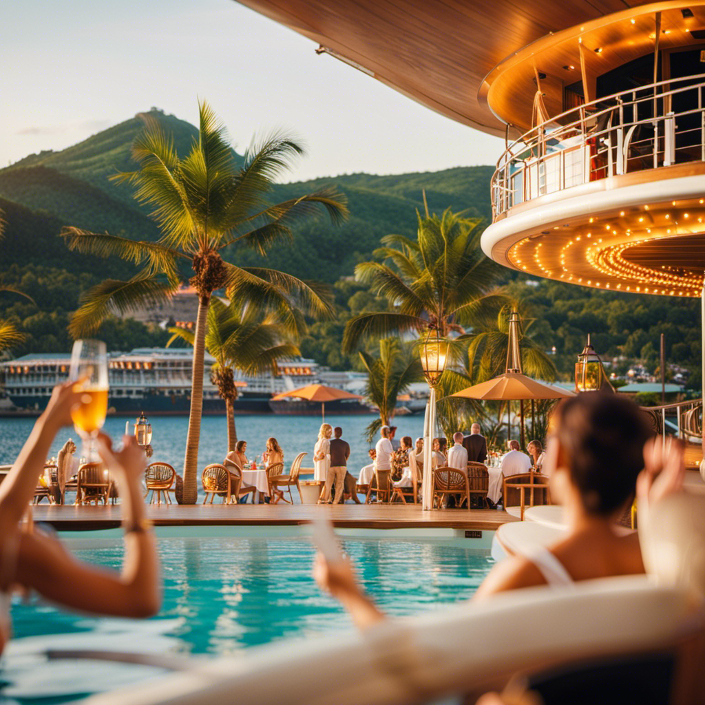 An image capturing the contrasting vibes of a first cruise: On one side, a lively party scene with vibrant dancing, music, and laughter