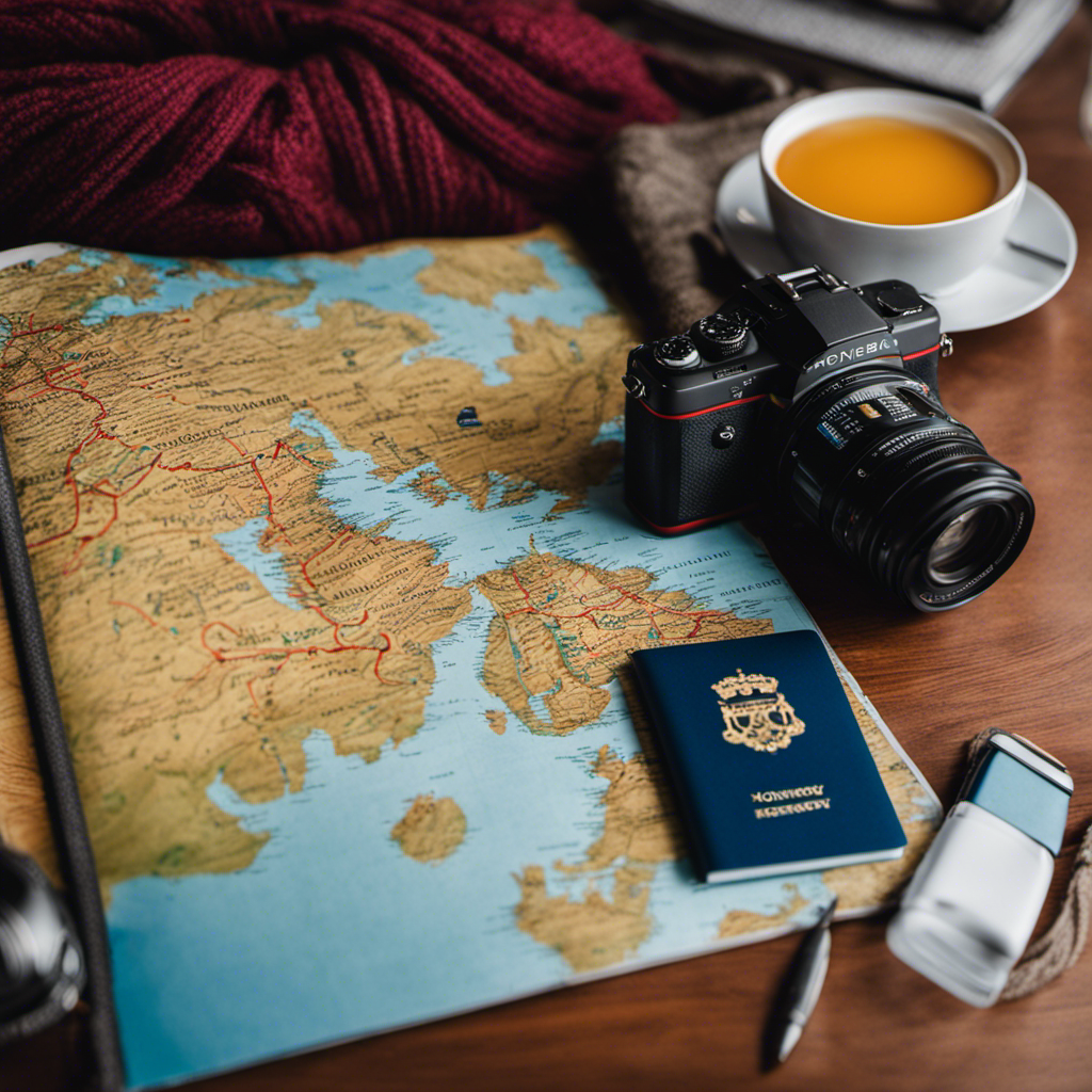 An image showcasing a vibrant map of Norway in the background, with a table displaying a checklist of essentials for a first-time Norwegian cruise: passport, camera, warm clothes, sunscreen, and a guidebook