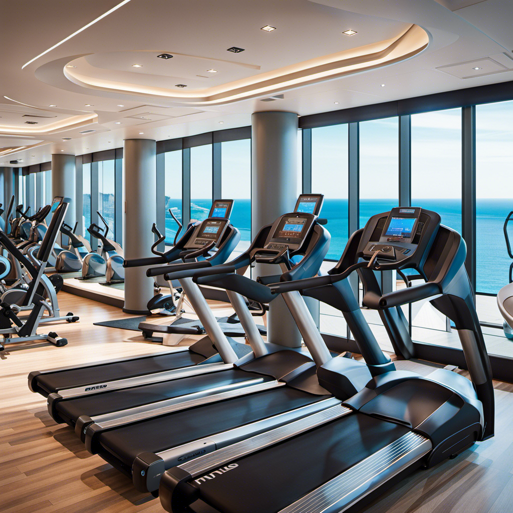 An image capturing the vibrant energy of Norwegian Bliss' Fitness Center: a spacious, sunlit haven adorned with state-of-the-art equipment, offering panoramic ocean views, invigorating workouts, and rejuvenating wellness experiences at sea