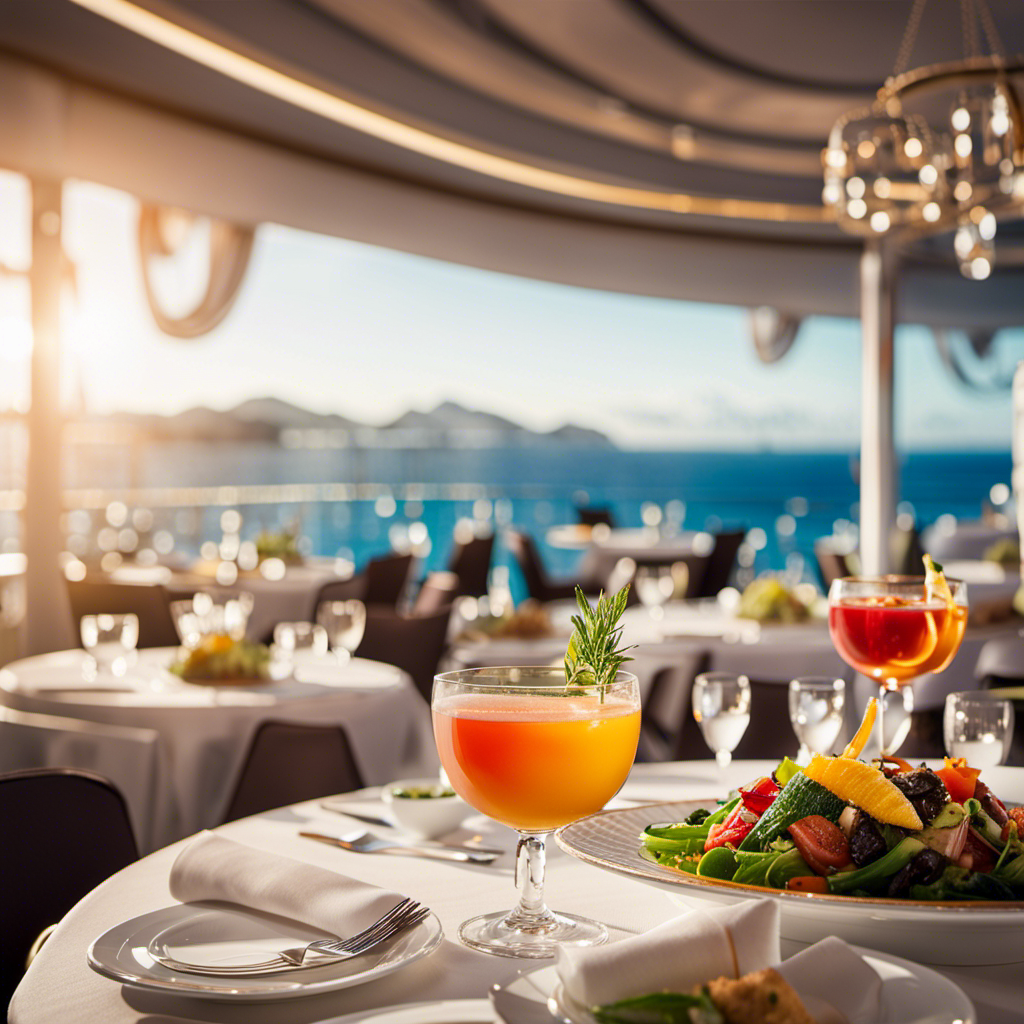 An image showcasing a vibrant, open-air dining venue aboard a Royal Caribbean cruise ship, adorned with sleek, modern design elements, where renowned celebrity chefs prepare extraordinary culinary creations amidst a backdrop of breathtaking ocean views