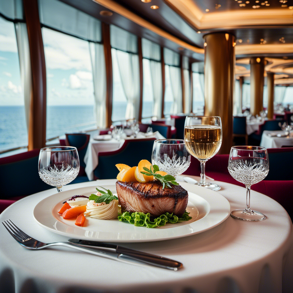 An image showcasing two contrasting dining scenes on a cruise ship: one depicting the elegant ambiance of a traditional dining experience with formal attire, and the other highlighting the casual and flexible atmosphere of a contemporary dining option with a variety of cuisines