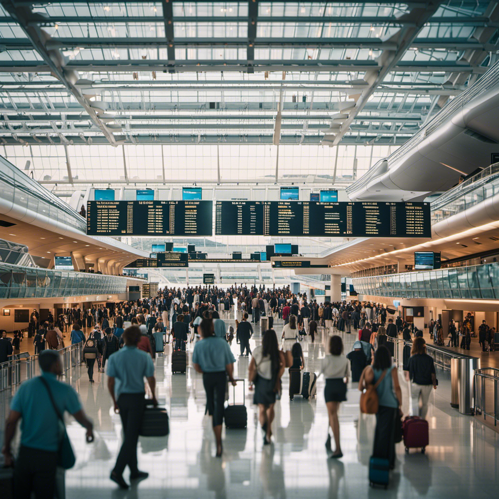 An image of a bustling airport terminal with a diverse group of people, clutching passports and luggage, eagerly checking flight departure boards while cruise ships sail in the distance, suggesting the exhilarating post-cruise rush