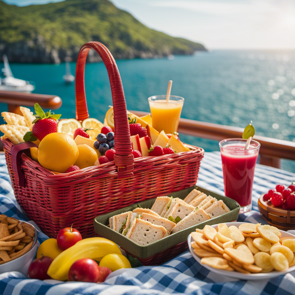 An image showcasing a diverse assortment of delectable treats, such as juicy fruits, tantalizing sandwiches, and crispy snacks, neatly packed in a colorful picnic basket, ready to be enjoyed on a luxurious cruise ship deck
