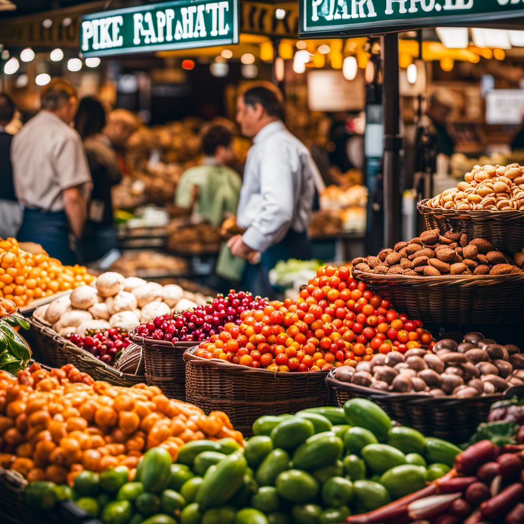 the vibrant essence of Pike Place Market's culinary paradise in a single frame: a bustling sea of colorful stalls overflowing with luscious produce, aromatic spices, freshly baked bread, succulent seafood, and artisanal treats, all beckoning hungry food enthusiasts to indulge
