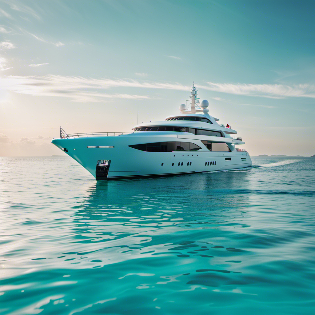 An image showcasing a sleek, opulent yacht gliding through crystal-clear turquoise waters, adorned with pristine white decks, panoramic glass windows, and a pristine infinity pool, epitomizing the epitome of luxury cruising