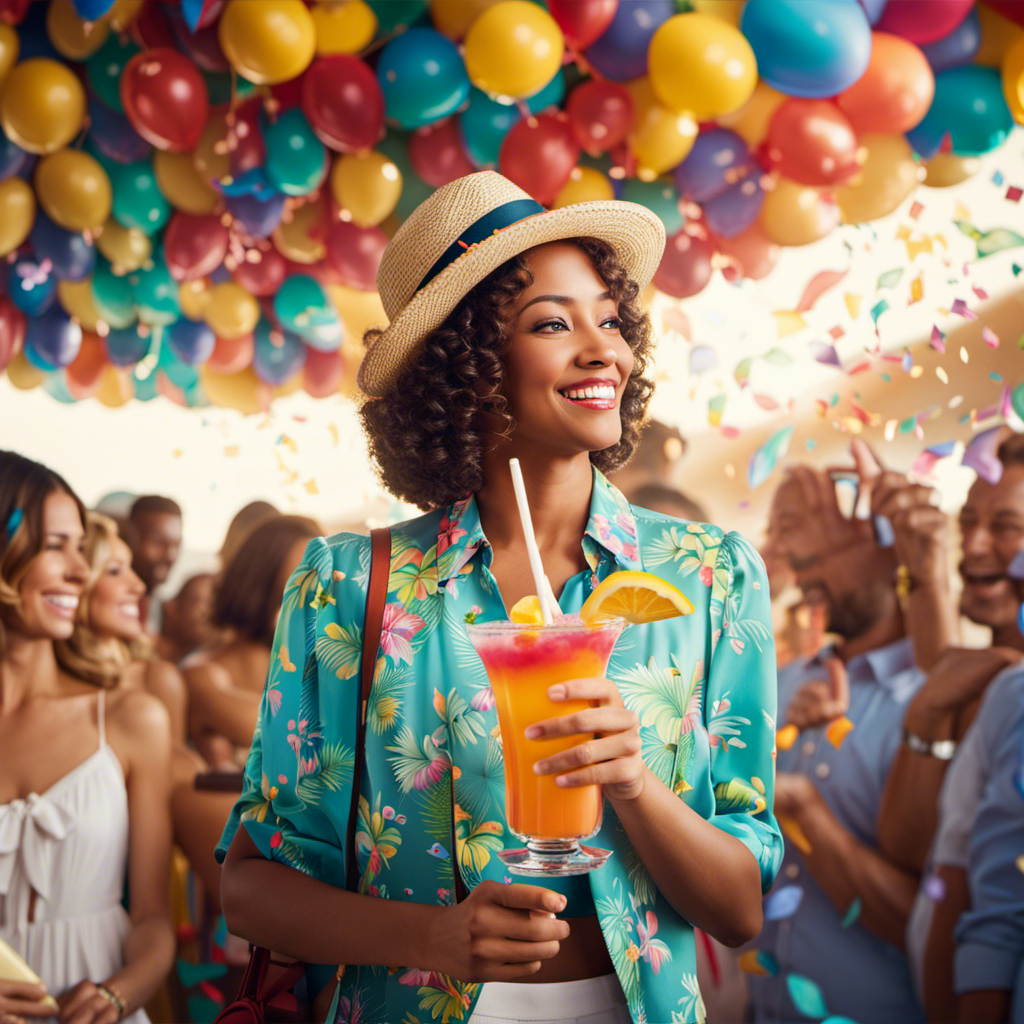 An image of a smiling cruise passenger holding a colorful tropical drink in one hand, while the other hand receives a small gift bag filled with souvenirs, surrounded by floating balloons and confetti