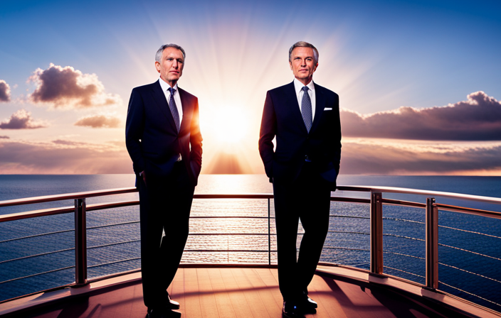 An image of a determined man in a sharp suit, confidently standing on the deck of a luxurious cruise ship as the sun sets, symbolizing Rick Meadows' remarkable transformation from Sales Manager to Cruise Executive