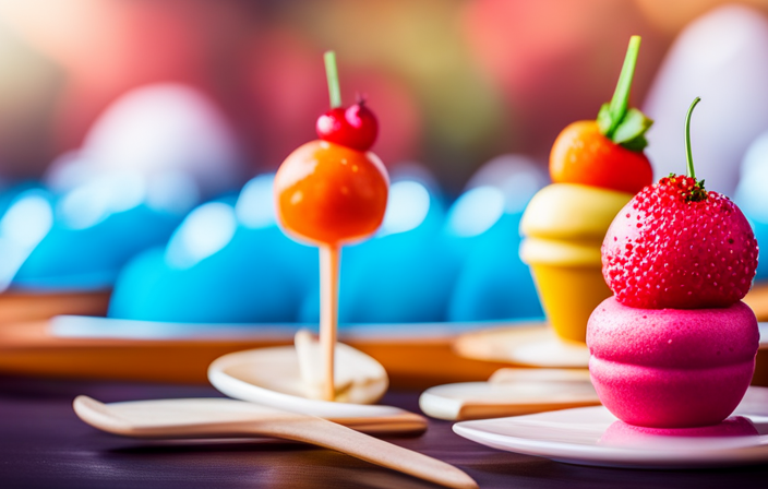 An image showcasing the mouthwatering array of Frozen Delights on Disney Cruise Line: a colorful assortment of creamy ice creams, frosty sorbets, and decadent frozen treats, beautifully adorned with sprinkles, sauces, and fresh fruits