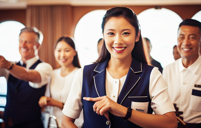 An image showcasing the joyful atmosphere aboard a Marella Cruise ship, with a happy customer engaged in a fun maneuver, surrounded by friendly crew members providing exceptional customer support