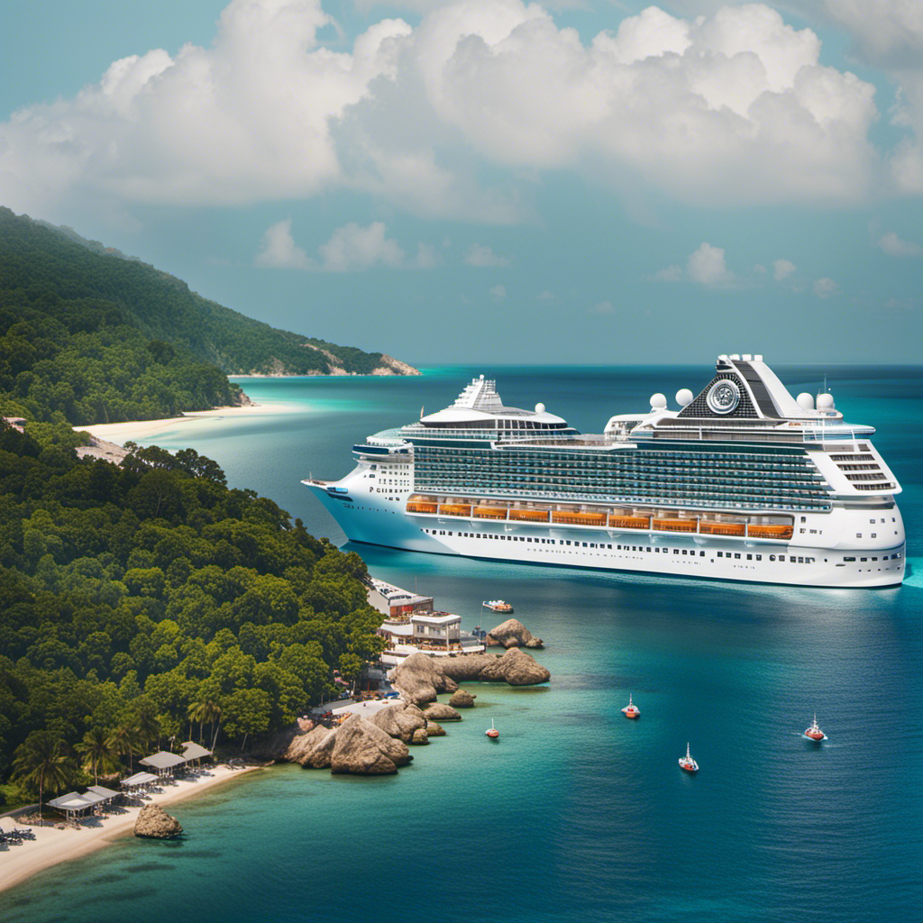 An image featuring a futuristic cruise ship floating above a crystal-clear ocean, with passengers enjoying outdoor activities like swimming, rock climbing, and dining on spacious decks, symbolizing the potential future of CDC's cruise ship rules