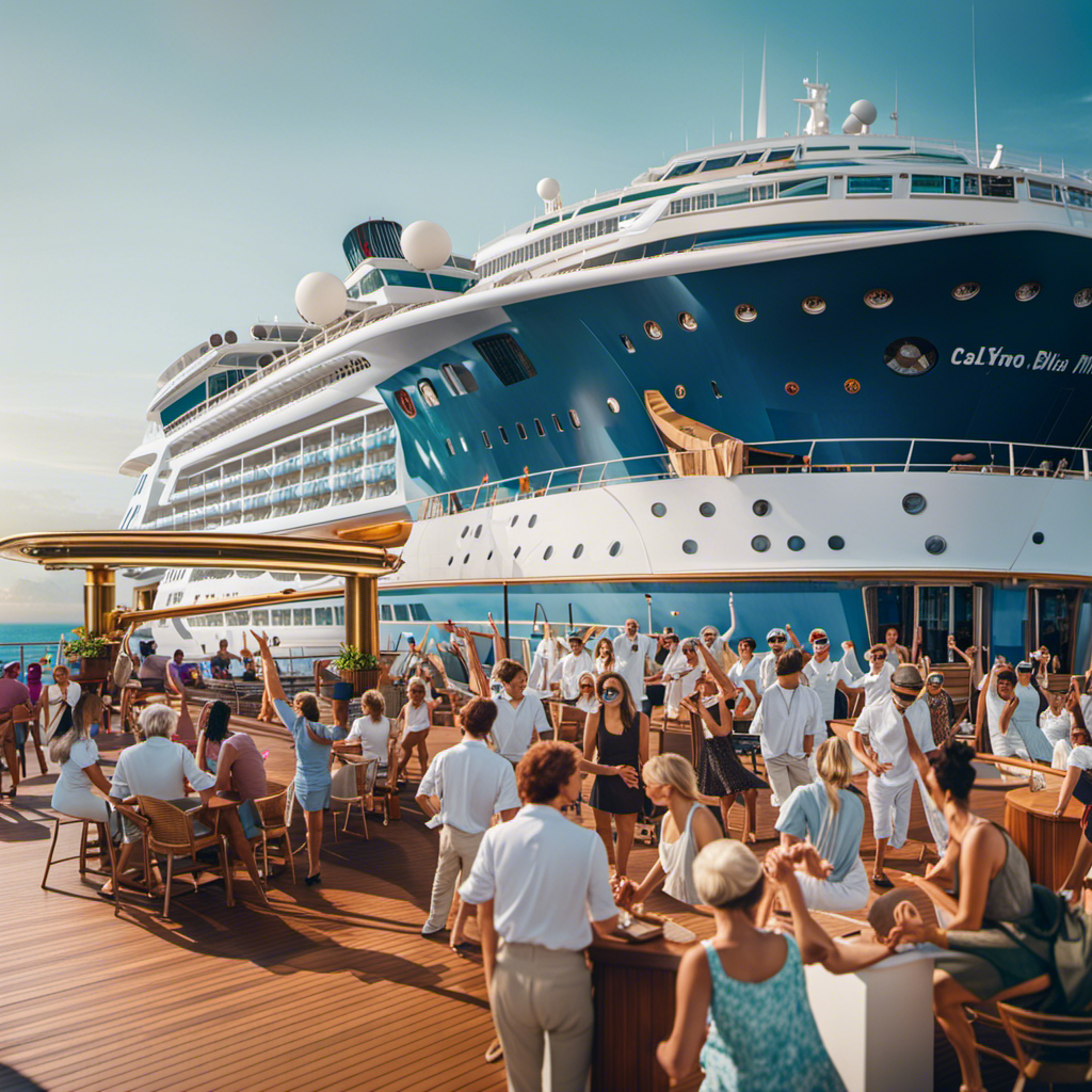 An image showcasing a serene cruise ship deck, bustling with mask-free passengers engaging in various activities