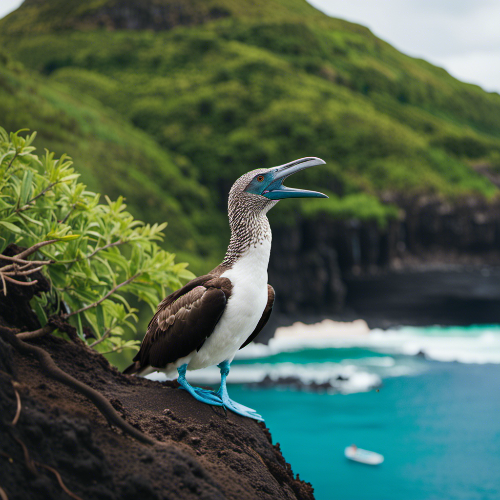 An image showcasing a vibrant landscape of the Galápagos Islands, with a National Geographic photographer capturing a stunning shot of a blue-footed booby mid-flight, surrounded by diverse wildlife, lush vegetation, and crystal-clear turquoise waters