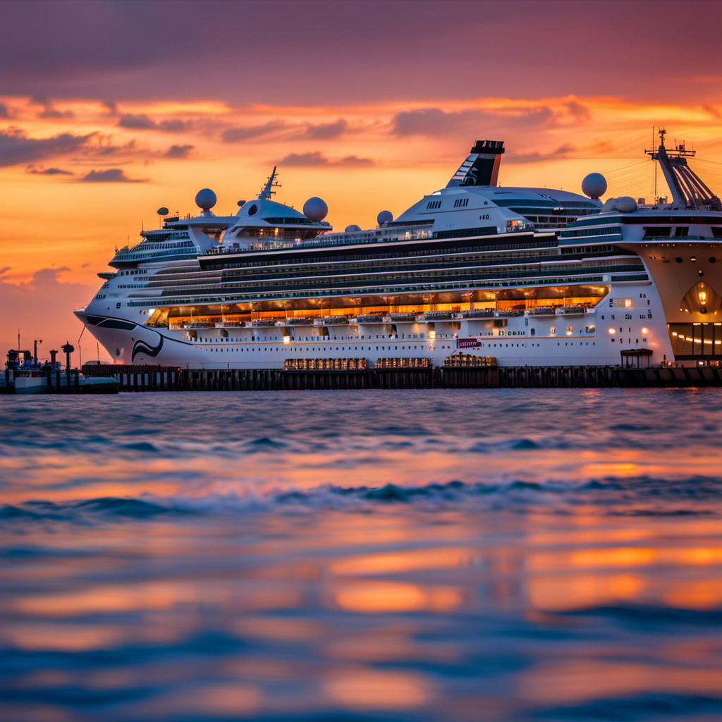 Nt sunset casts a golden glow over Galveston's harbor as the sleek silhouette of a Princess Cruises ship emerges, ready to embark on a new adventure