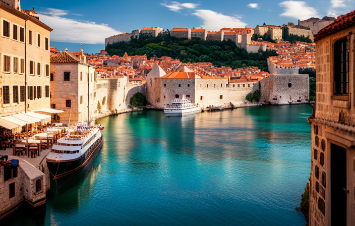 Tic cruise ship sails through the narrow canals of Dubrovnik, surrounded by ancient stone walls and terracotta roofs