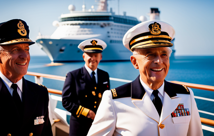 An image capturing the essence of Gavin MacLeod as Princess Cruises' cherished Ambassador and Love Boat Captain: Gavin, clad in his iconic captain's uniform, warmly engaging with passengers as he navigates the ship's deck