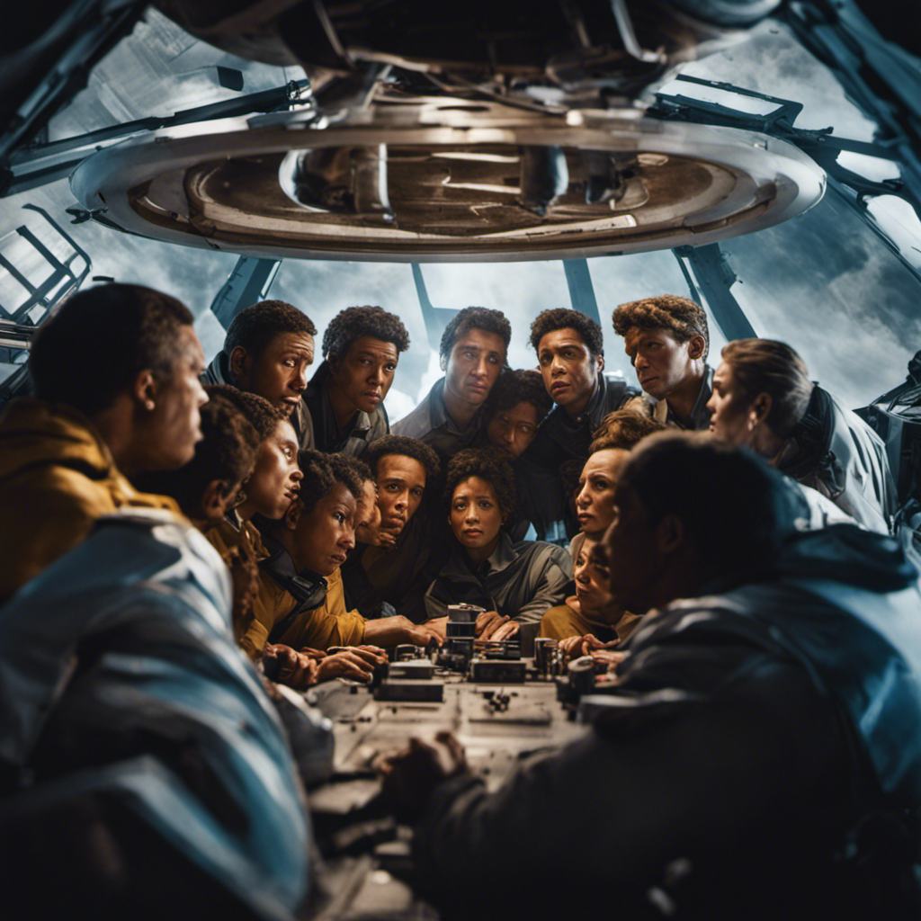 An image of a group of exhausted earthquake survivors huddled together, their faces reflecting a mix of relief and despair, as a Gemini spacecraft hovers above, ready to offer them a lifeline to safety