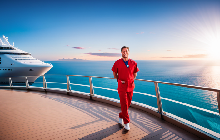 An image showcasing a healthcare hero in scrubs, surrounded by a vibrant ocean backdrop as they board a luxurious Virgin Voyages cruise ship