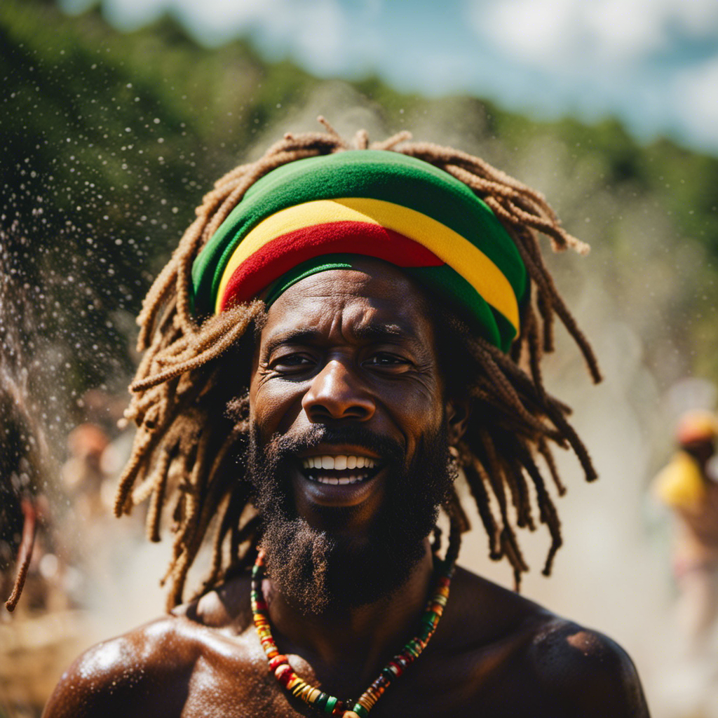 An image showcasing a Rastafarian individual joyfully immersed in a hot shower, surrounded by vibrant geothermal landscapes