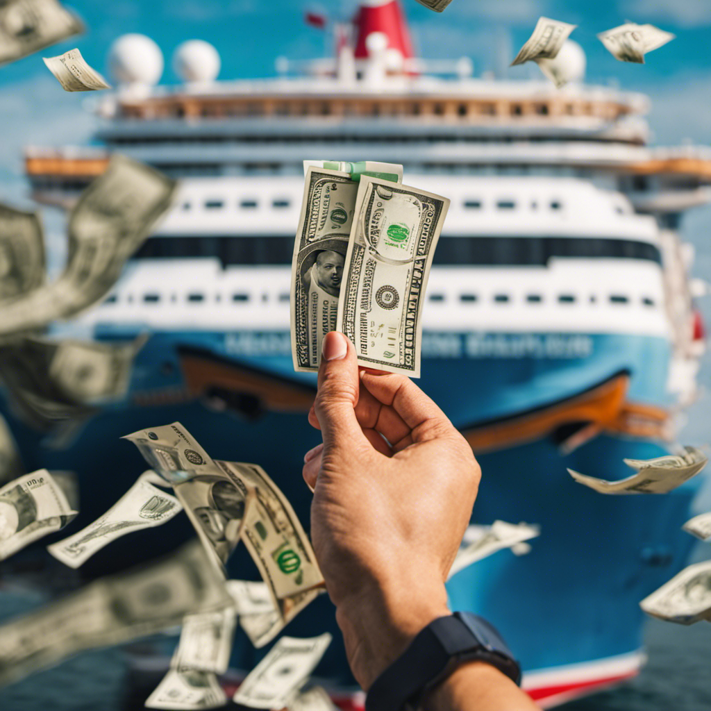 An image depicting a smiling customer holding a cruise ticket, surrounded by dollar bills falling from the sky, a cruise ship in the background, and a price tag with a red line marked down
