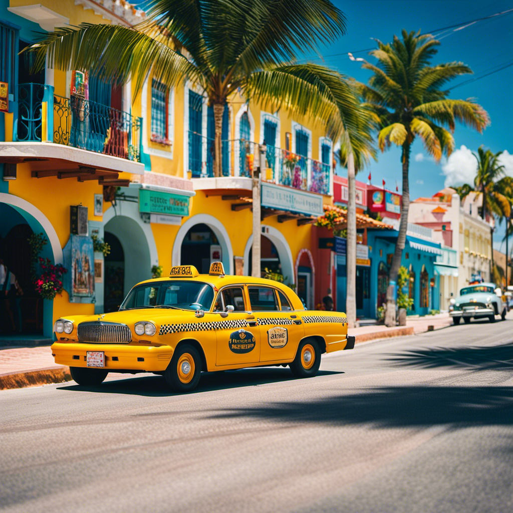 An image capturing the vibrant streets of Cozumel, with a colorful taxi cruising along the palm-lined road