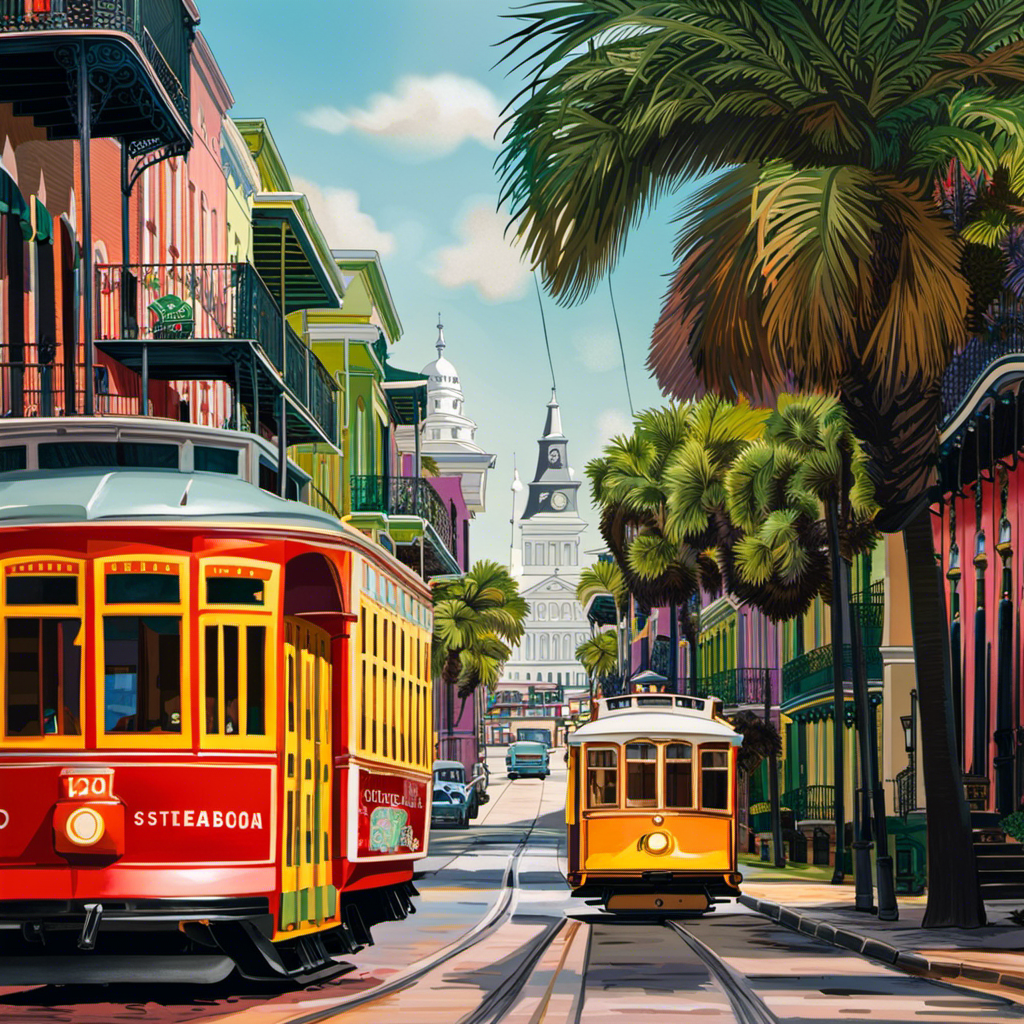 Nt illustration capturing the essence of New Orleans: A streetcar glides past colorful Creole townhouses, while an Uber and Lyft car wait curbside