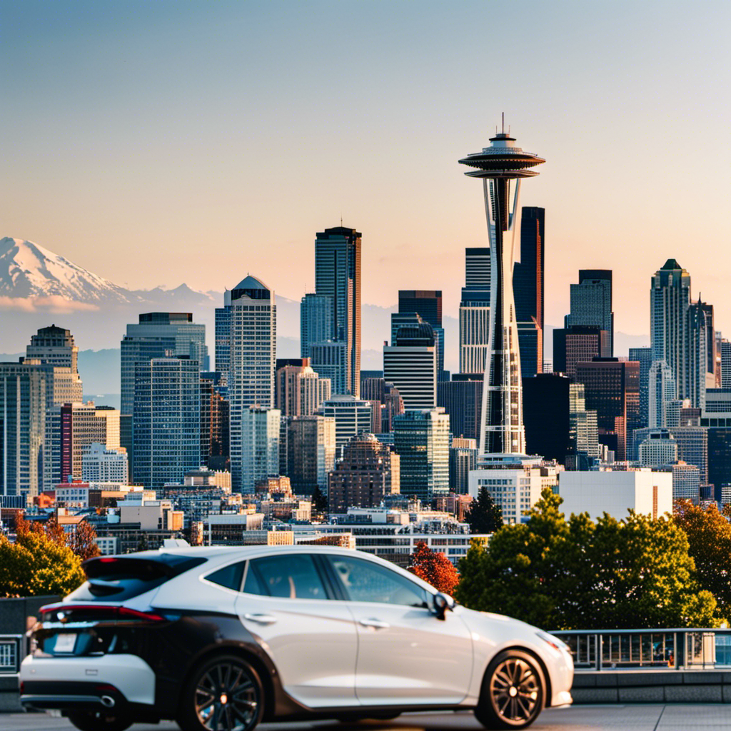 An image showcasing the iconic Space Needle on a sunny day, with a sleek Uber/Lyft vehicle parked nearby