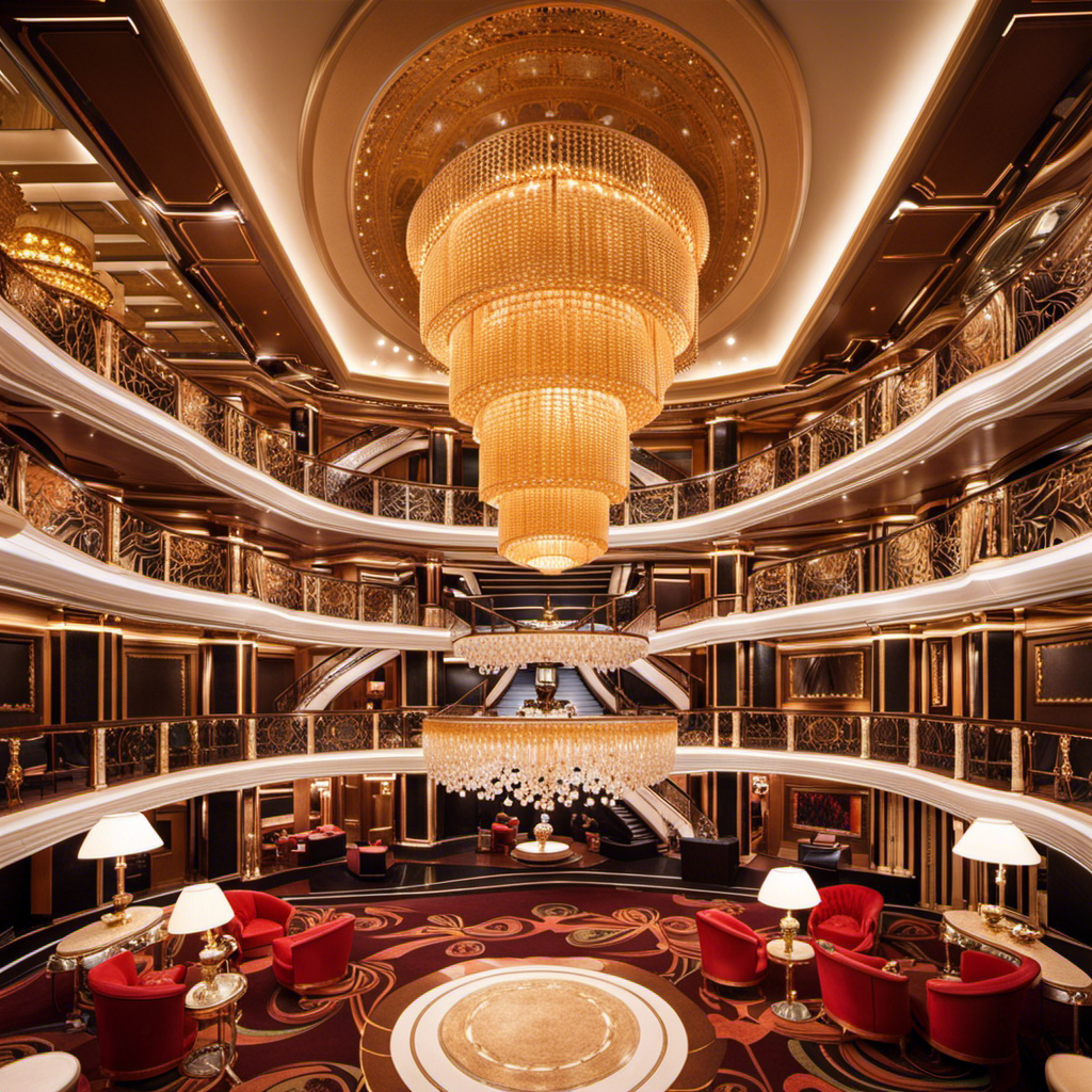 An image showcasing the luxurious and elegant interior of MSC Preziosa, adorned with exquisite chandeliers, opulent furnishings, and an international fusion of vibrant colors, reflecting the ship's glamorous and stylish ambiance