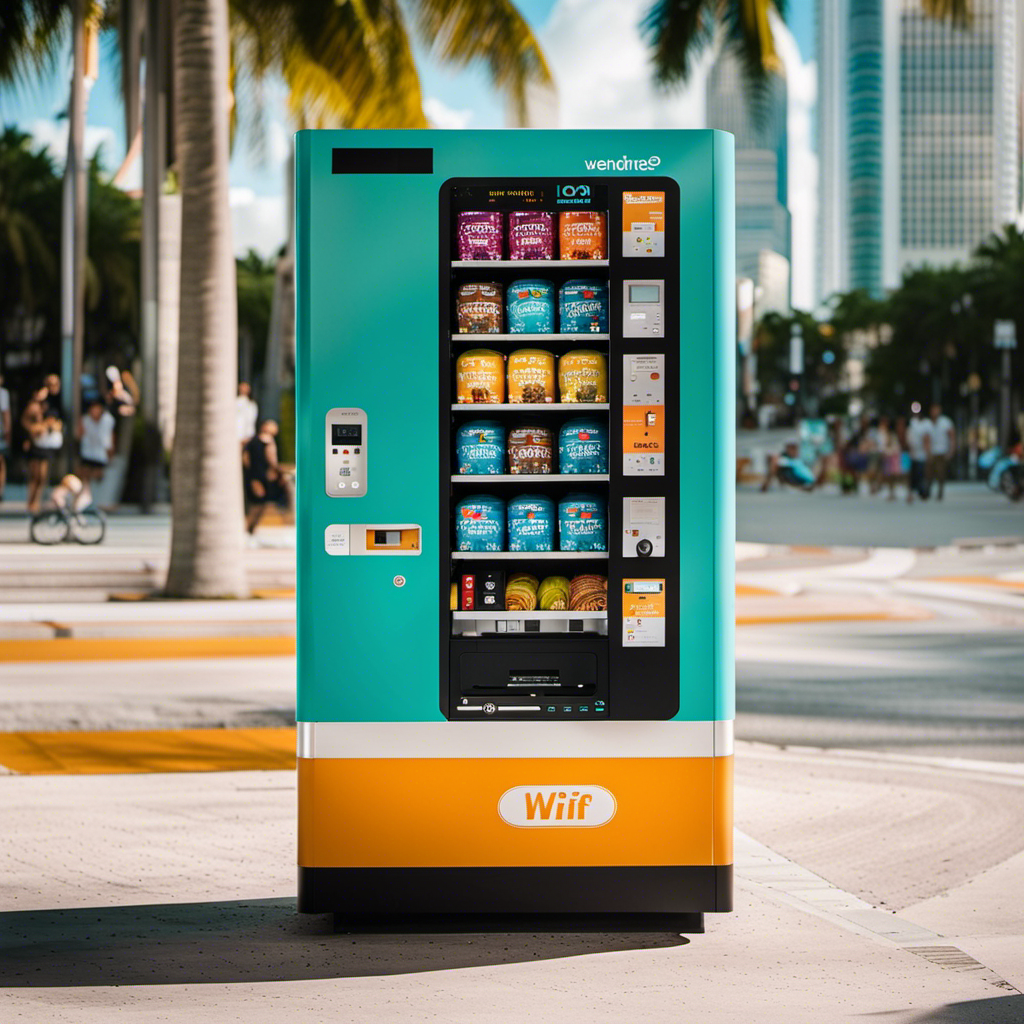 An image showcasing a sleek, modern WiFi vending machine stationed amidst Miami's vibrant streets