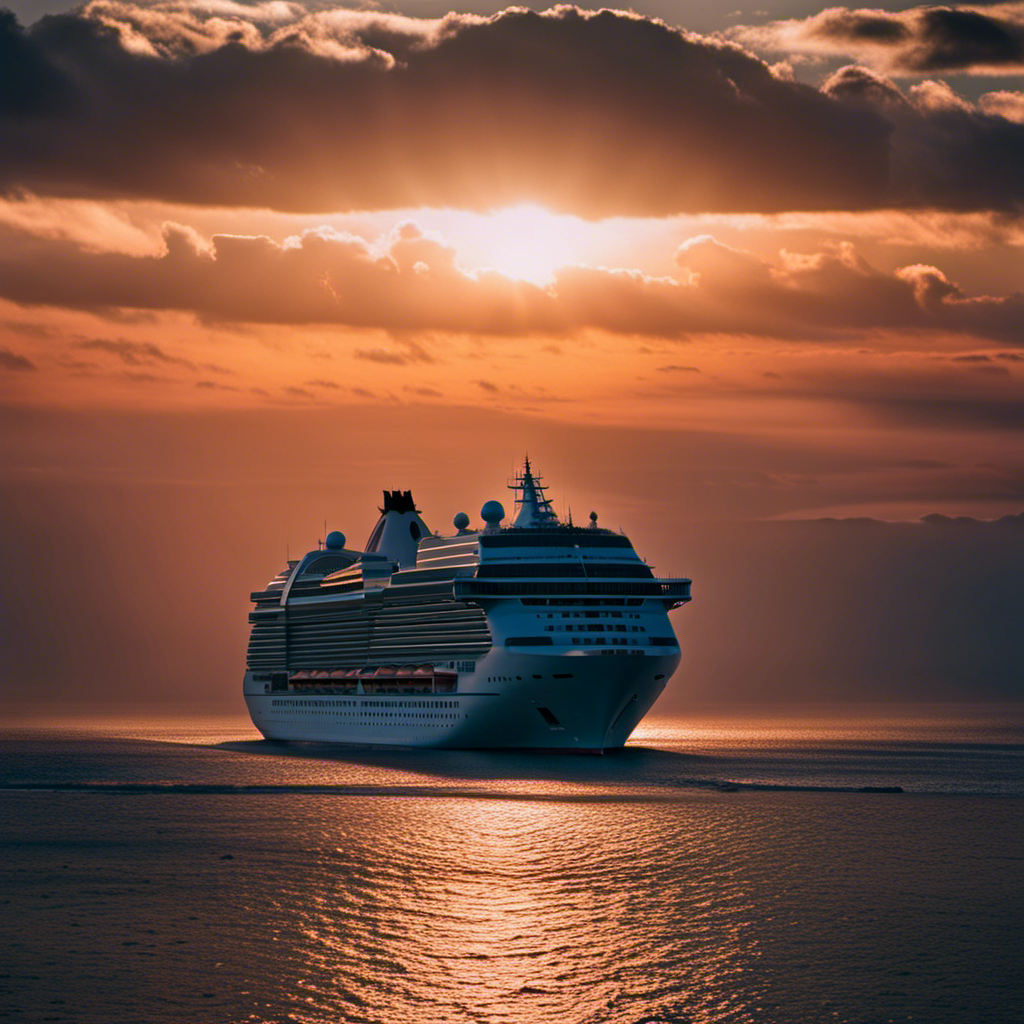 An image showcasing a vivid sunset over the vast ocean, with a luxurious cruise ship gliding through the sparkling waves, surrounded by enthusiastic travelers enjoying the open decks and breathtaking views