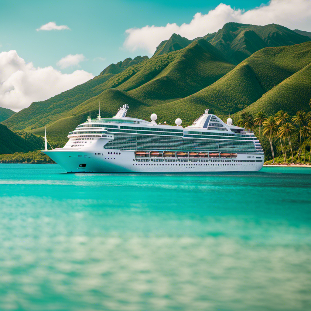 An image showcasing a luxurious cruise ship gliding through crystal-clear turquoise waters, with a backdrop of rolling green hills and palm trees