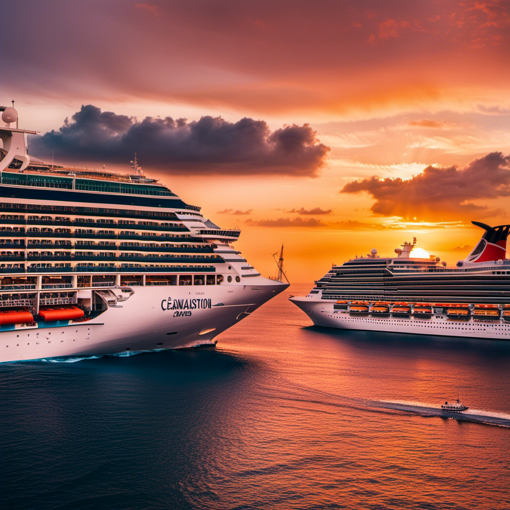An image showcasing a vibrant sunset casting warm hues over the horizon, while two majestic cruise ships, Carnival Sensation and Ecstasy, sail side by side towards the open sea, symbolizing their departure and the exciting fleet changes and future plans that await them
