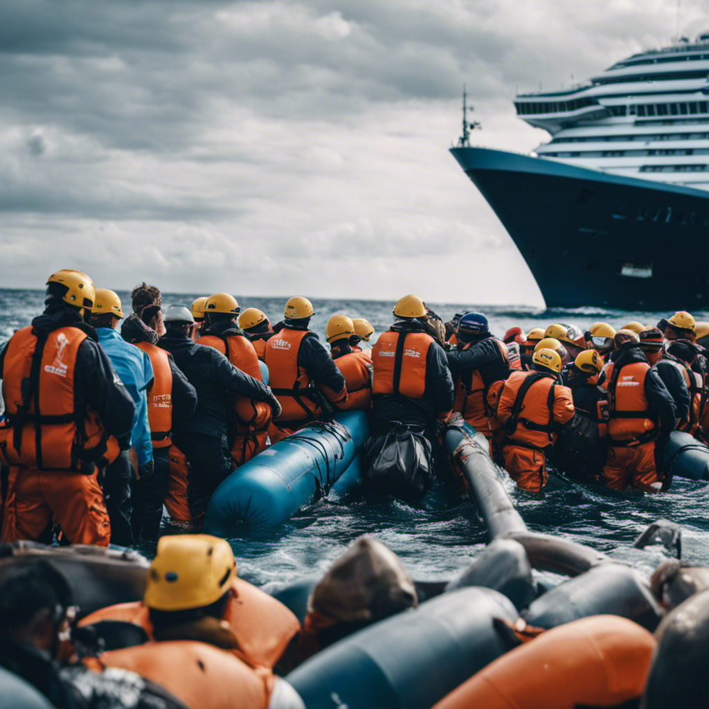 An image capturing the chaos and despair of a sinking cruise ship, with passengers desperately clinging to life rafts, reflecting the devastating impact of a grandfather's guilty plea on both cruise ship safety and his shattered family