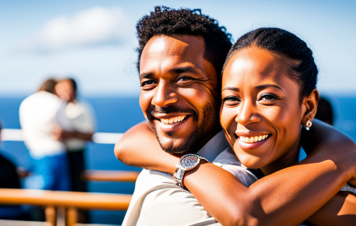 An image showcasing educators on a luxurious Norwegian Cruise Line ship, surrounded by breathtaking ocean views, as they express joy and gratitude through genuine smiles, laughter, and heartfelt gestures of appreciation