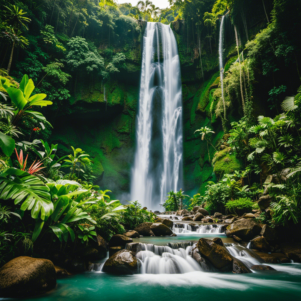 An image showcasing Grenada's captivating waterfalls: crystal-clear torrents cascading down lush, emerald cliffs, adorned with vibrant tropical foliage