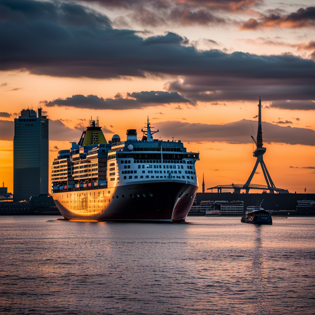 Capture the essence of Hamburg's maritime charm by depicting a bustling harbor scene at sunset, with towering cargo ships, quaint sailboats, and a magnificent cruise liner, all framed by the city's iconic Elbphilharmonie in the background