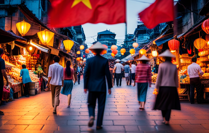 the vibrant essence of Hanoi in a single image: A bustling street market, filled with colorful stalls selling traditional souvenirs, surrounded by historic pagodas and the iconic red Vietnamese flag fluttering above