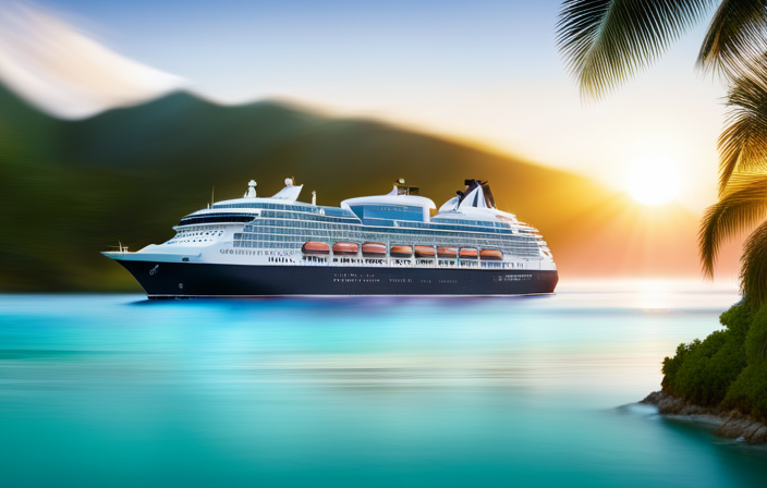 An image showcasing a luxurious cruise ship with Hapag-Lloyd Cruises' distinctive blue and white logo prominently displayed on its hull, sailing through crystal-clear turquoise waters towards a breathtaking sunset backdrop
