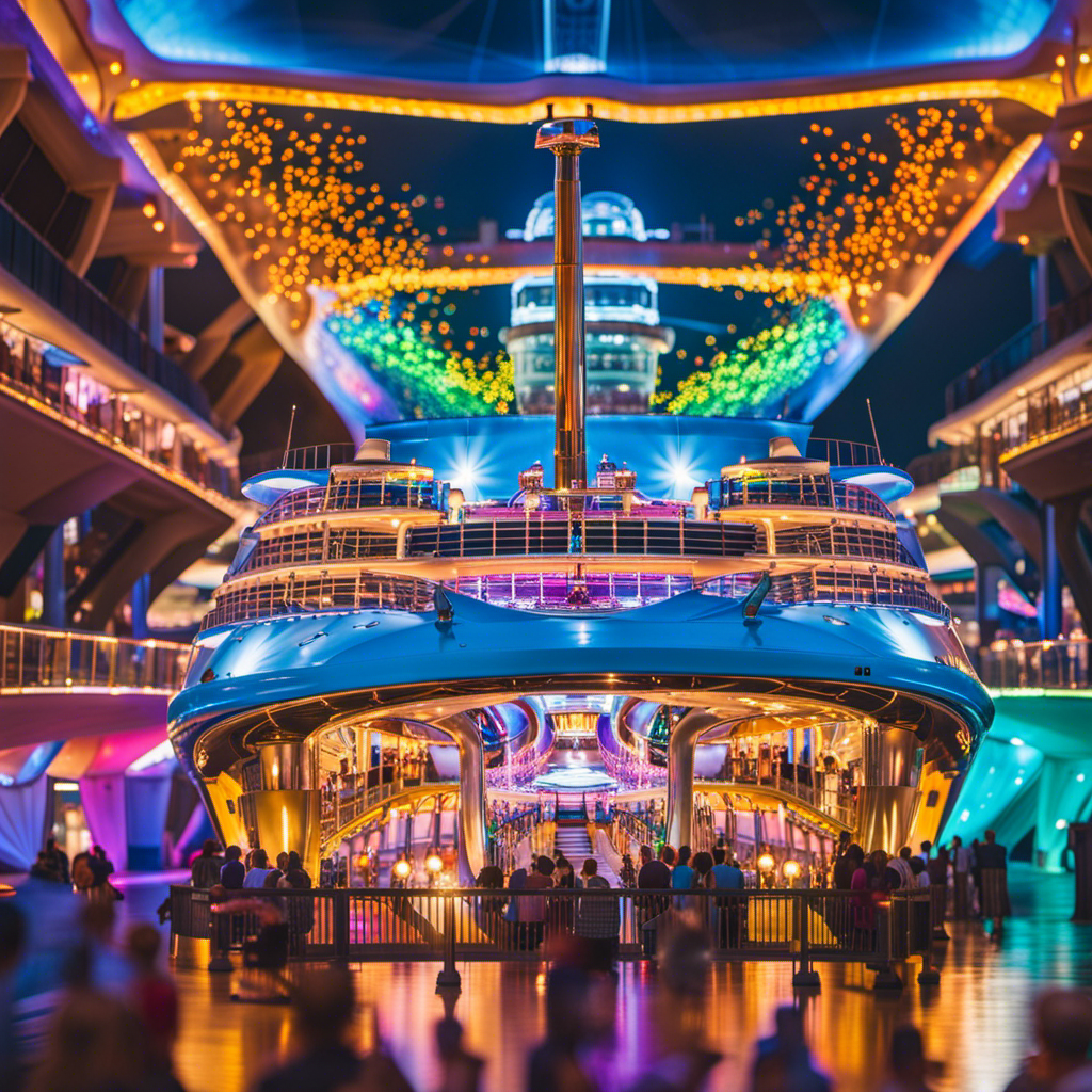 An image showcasing the vibrant hues of Harmony of the Seas: vibrant aquamarine waters surround the colossal ship adorned with a kaleidoscope of colorful lights, as exhilarated passengers indulge in thrilling water slides and adventurous activities