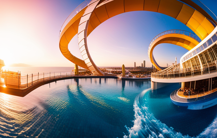 the exhilarating essence of Harmony of the Seas: a vibrant water park filled with towering slides, spiraling tunnels, and a colossal wave pool