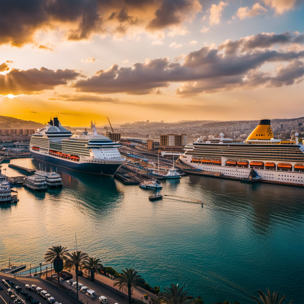 a vibrant, bustling Haifa Port, adorned with towering cruise ships of all sizes, their sleek hulls reflecting the golden sunlight