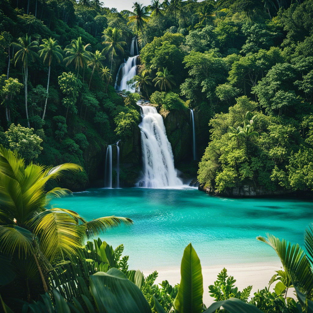 An image featuring a lush tropical rainforest with vibrant flora and cascading waterfalls, surrounded by crystal-clear turquoise waters and pristine white sand beaches