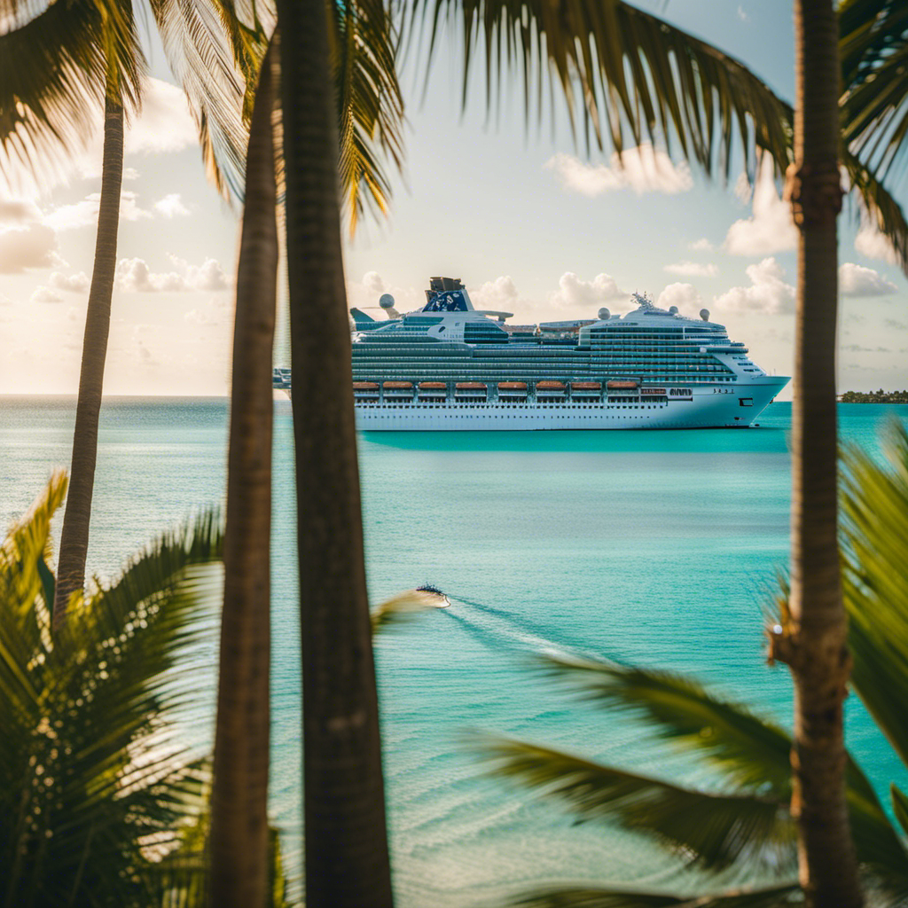 An image showcasing the vibrant turquoise waters of Harvest Caye, adorned with lush palm trees swaying in the gentle ocean breeze, as a colossal cruise ship docks in the background, inviting adventure and exploration