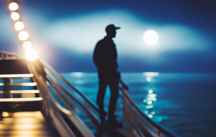 An eerie image of a moonlit Caribbean night, where a ghostly figure in tattered clothing haunts the deck of a cruise ship, surrounded by mist and ethereal blue lights