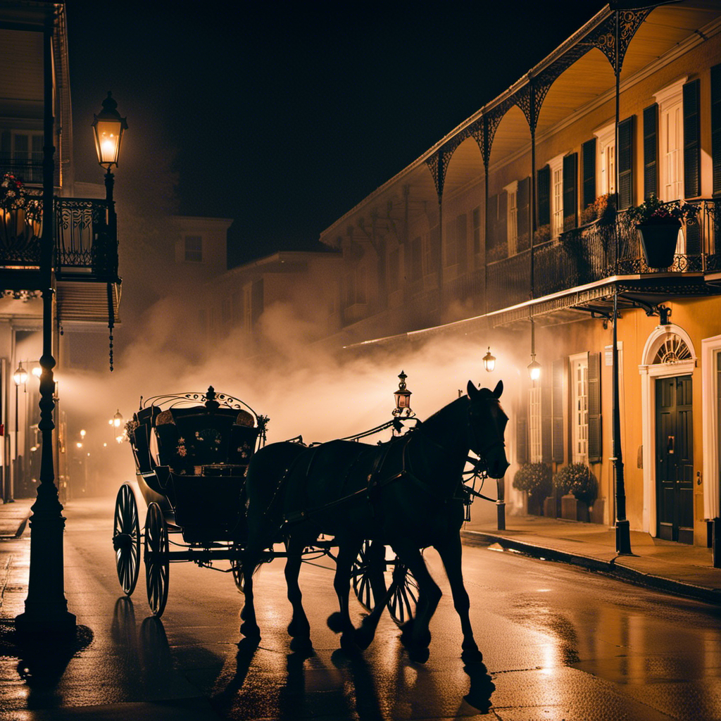 An image that captures the eerie atmosphere of New Orleans' French Quarter at night, with dimly lit gas lamps, swirling mist, and the silhouette of a horse-drawn carriage adorned with spooky decorations, hinting at the upcoming Krewe of Boo Parade