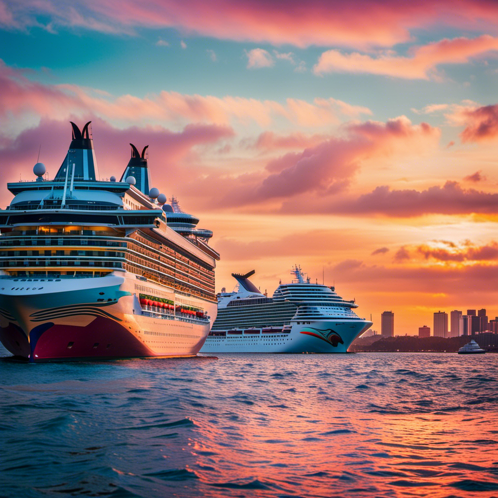 Estic cruise ships, Symphony and Mardi Gras, glide across the ocean, each flaunting their vibrant colors and unique features