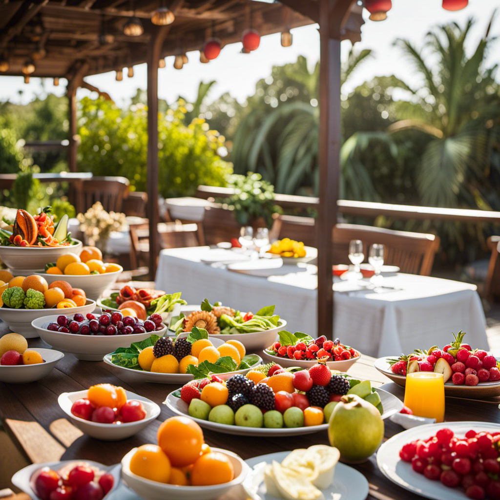 An image capturing a sunlit deck with white linen-clad tables adorned with vibrant platters of artfully arranged seasonal fruits, colorful leafy salads, grilled veggies, and sustainably caught seafood, enticing health-conscious cruisers to embark on a culinary journey