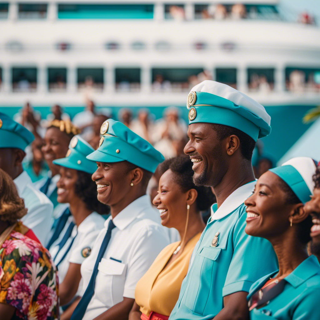 An image capturing the heartwarming scene of essential workers being honored onboard a Bahamas Paradise cruise ship; depict heroes in their uniforms, smiling faces, and guests applauding in gratitude