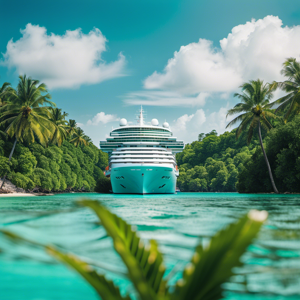 An image depicting a vibrant cruise ship sailing through crystal-clear turquoise waters, with a lush tropical island in the background