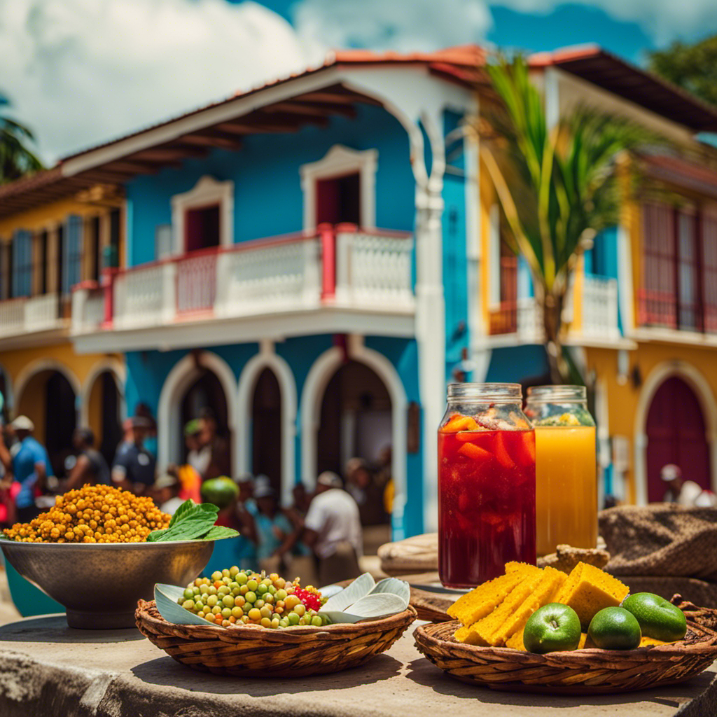 An image showcasing the juxtaposition of Hispaniola's rich history of colonization, its vibrant cuisine, and the captivating cultural contrasts